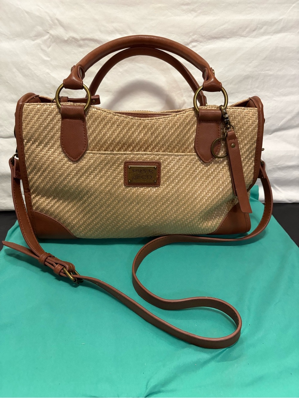 FRYE AND CO. Tan Leather-Trim Straw Satchel with Brown Accents